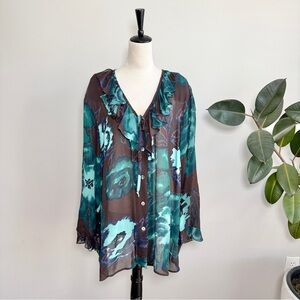 Vintage Dark Floral Sheer Ruffle Neckline Secretary Blouse